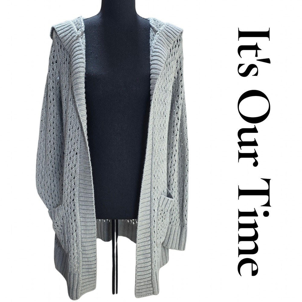 It's Our Time Cardigan Women M Gray Pointelle Hooded Open Front Boho Crochet